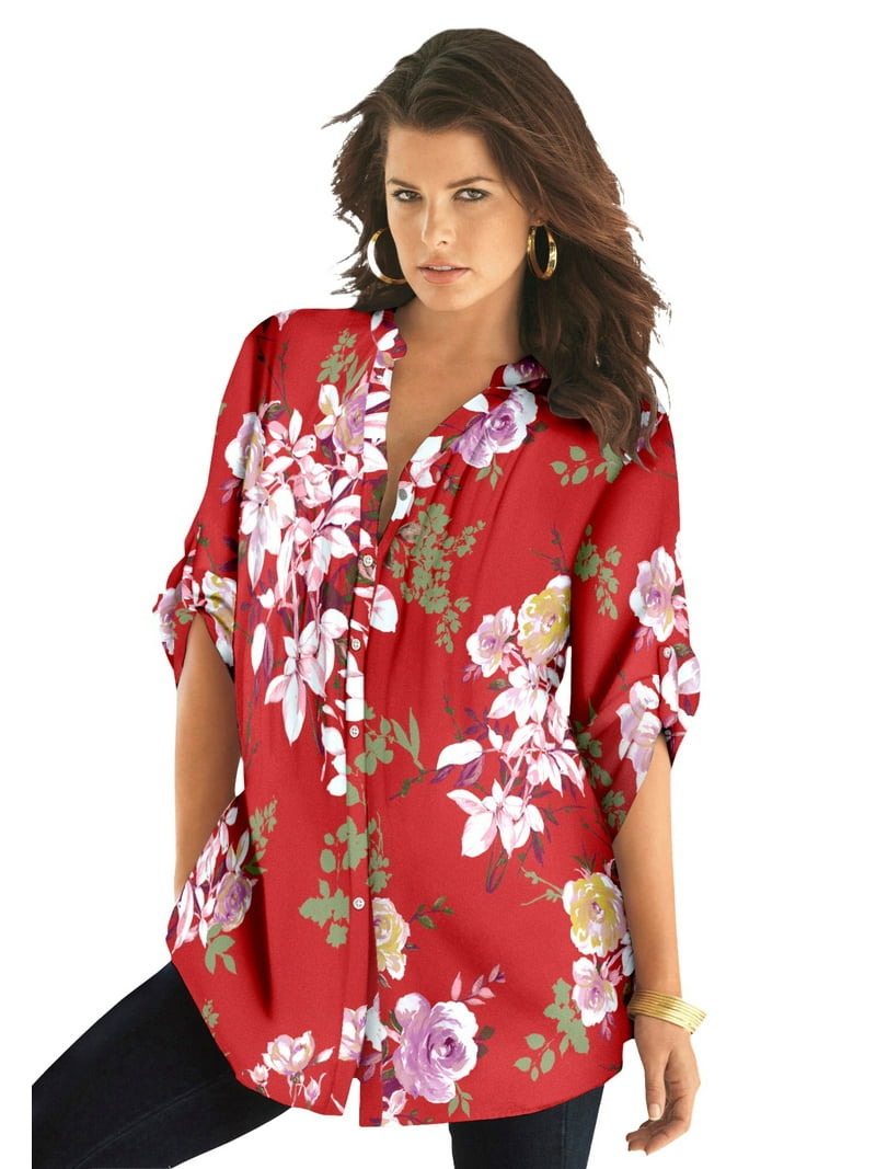 Roaman's Women's Plus Size Plus Size Floral Y-Neck Pintuck Tunic