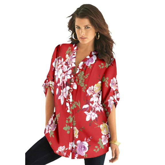 Roaman's Women's Plus Size Floral Y-Neck Pintuck Tunic – Adjustable Long Sleeve Button-Front, Relaxed Shirt Style