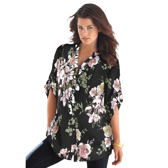 Roaman's Women's Plus Size Floral Y-Neck Pintuck Tunic – Adjustable Long Sleeve Button-Front, Relaxed Shirt Style