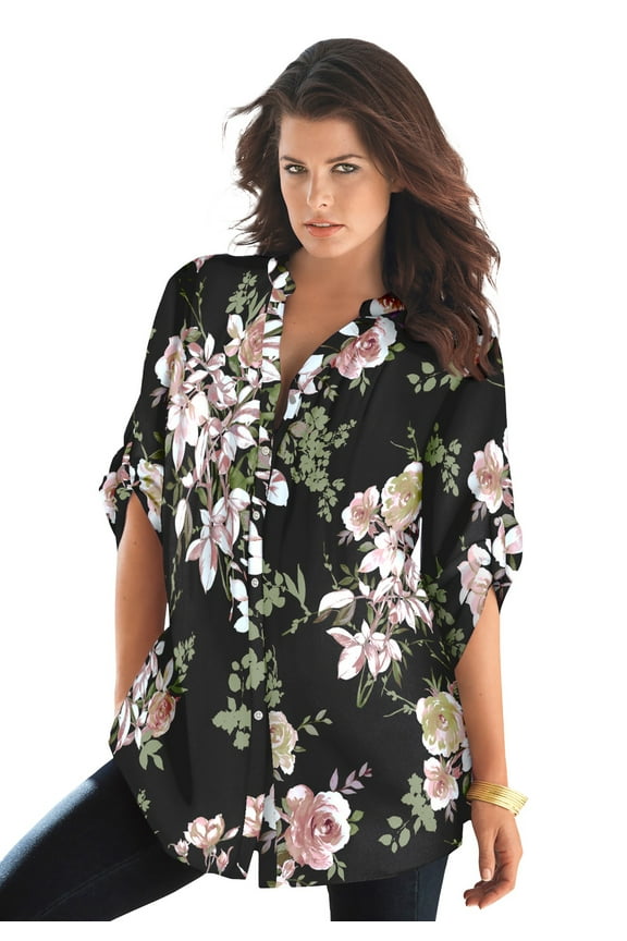 Women's Plus Size Floral Y-Neck Pintuck Tunic – Adjustable Long Sleeve Button-Front, Relaxed Shirt Style