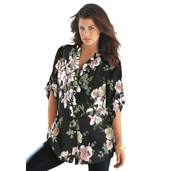 Roaman's Women's Plus Size Floral Y-Neck Pintuck Tunic – Adjustable Long Sleeve Button-Front, Relaxed Shirt Style