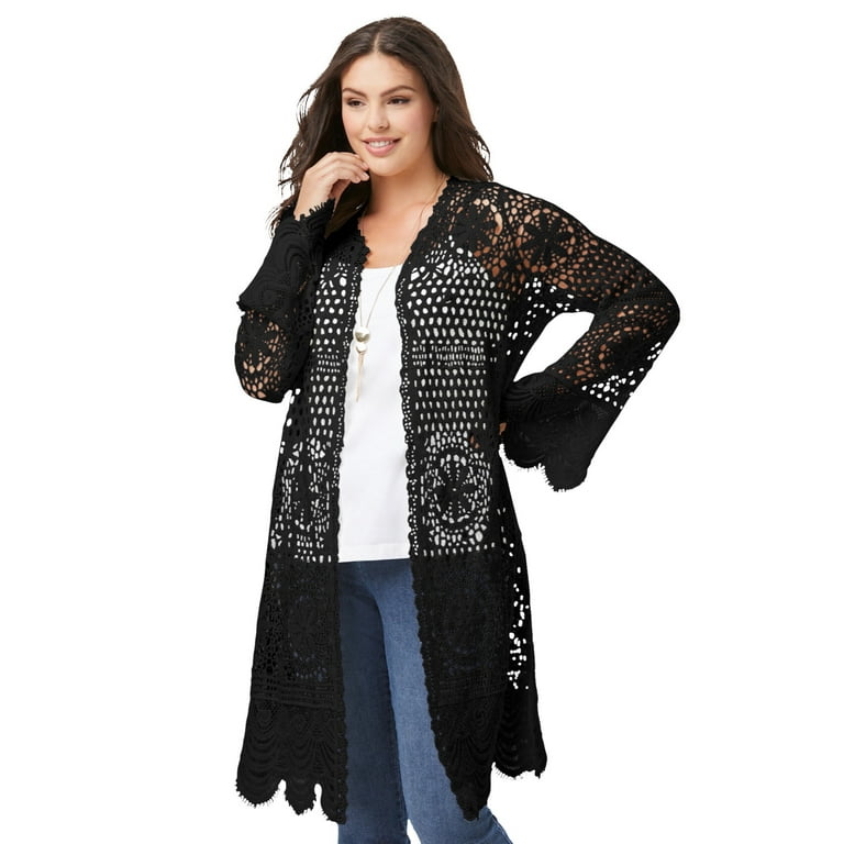 Roaman's Women's Plus Size Floral-Lace Crochet Duster Sweater 