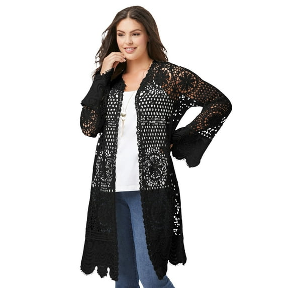 Roaman's Women's Plus Size Floral Lace Crochet Duster