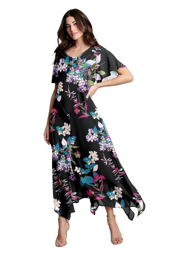 Women's Plus Size Floral Sequin Flutter-Sleeve Gown – Handkerchief-Hem Maxi Dress