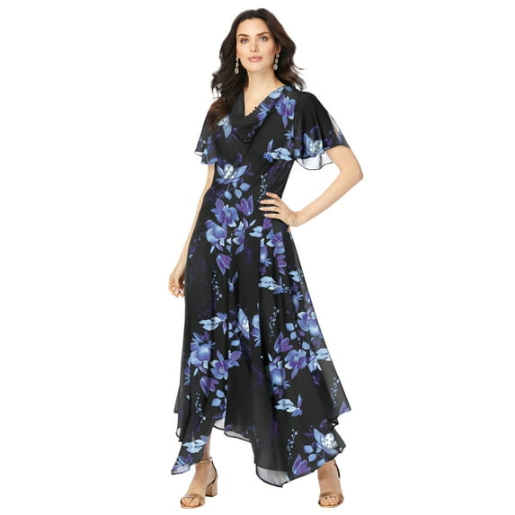 Roaman's Women's Plus Size Floral Sequin Flutter-Sleeve Gown – Handkerchief-Hem Maxi Dress