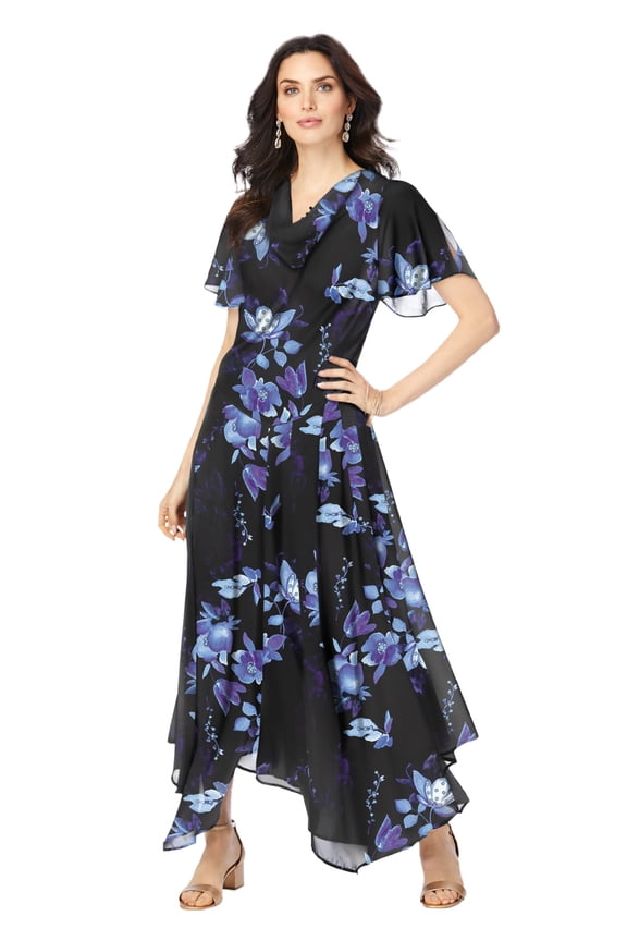 Women's Plus Size Floral Sequin Flutter-Sleeve Gown – Handkerchief-Hem Maxi Dress