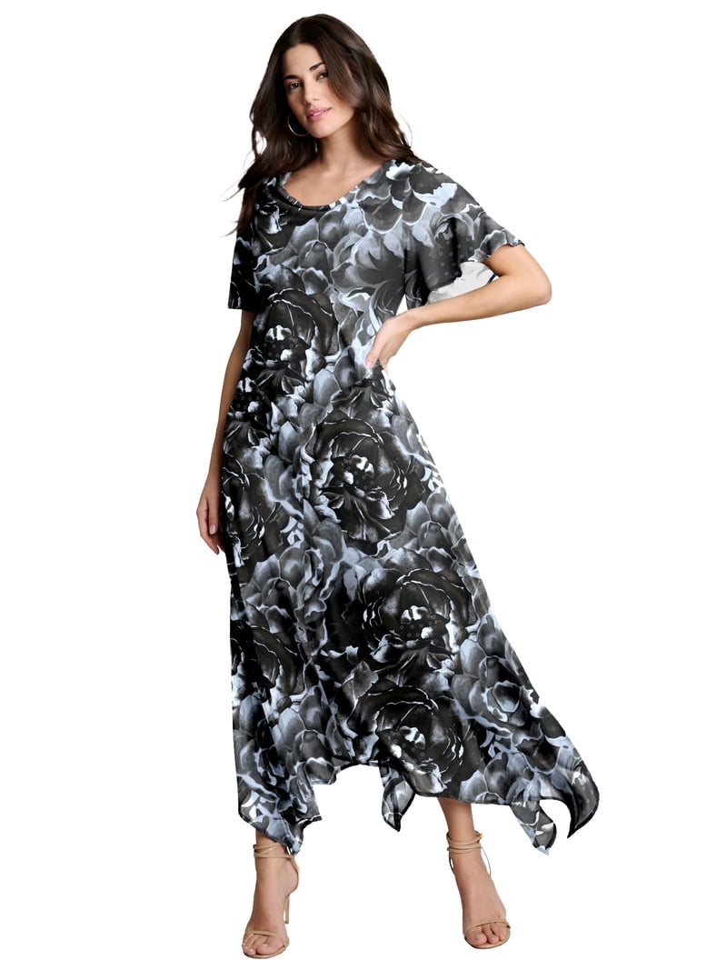 Roaman's Women's Plus Size Floral Sequin Flutter-Sleeve Gown – Handkerchief-Hem Maxi Dress