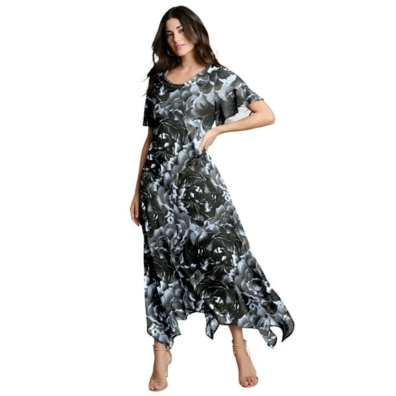 Roaman's Women's Plus Size Floral Sequin Flutter-Sleeve Gown – Handkerchief-Hem Maxi Dress