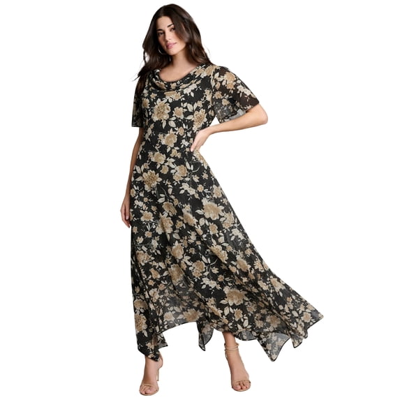 Roaman's Women's Plus Size Floral Sequin Flutter-Sleeve Gown – Handkerchief-Hem Maxi Dress