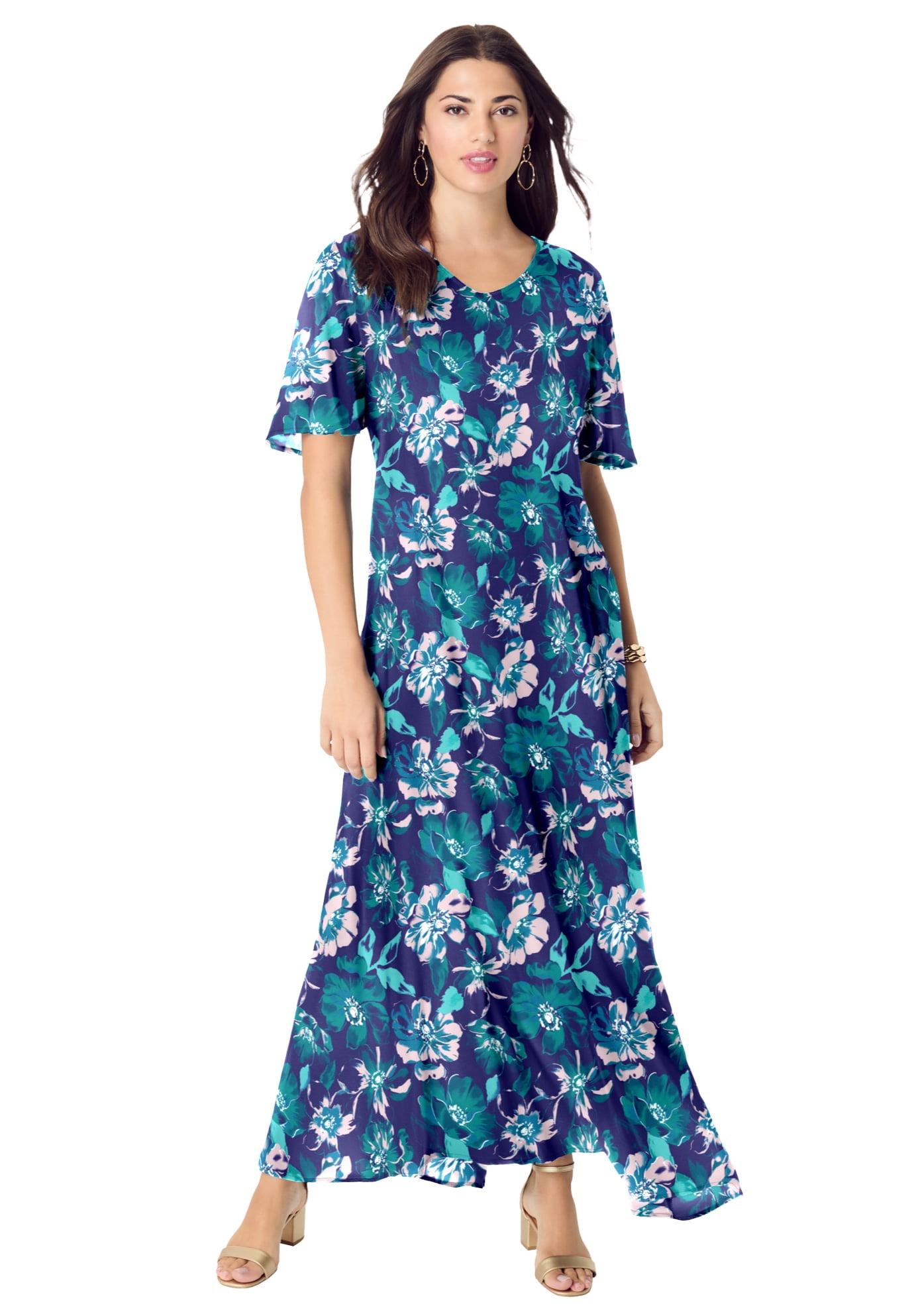 Roaman's Women's Plus Size Petite Plus Size Hand Crinkled Flutter-Sleeve Maxi Dress
