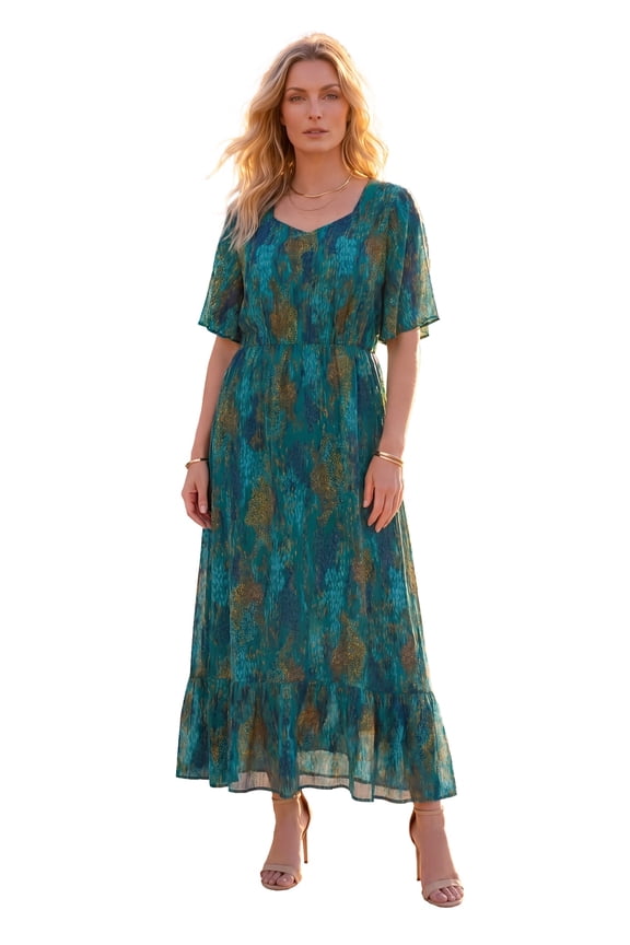 Women's Plus Size Hand-Crinkled Flutter-Sleeve Maxi Dress