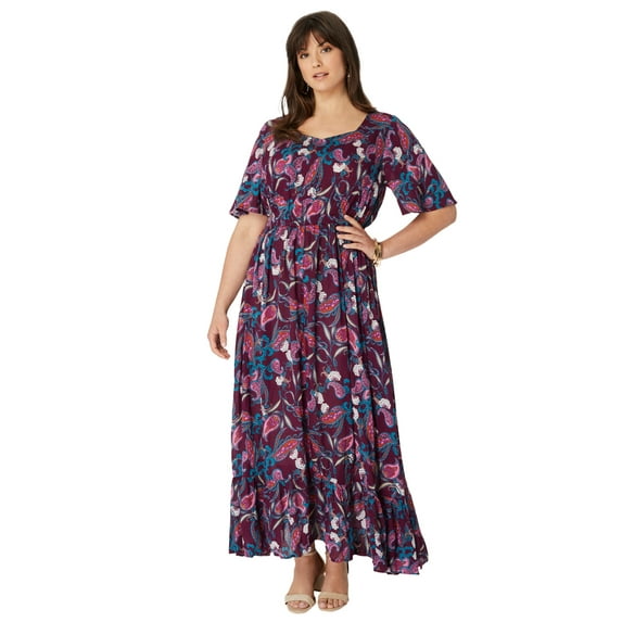 Roaman's Women's Plus Size Hand-Crinkled Flutter-Sleeve Maxi Dress