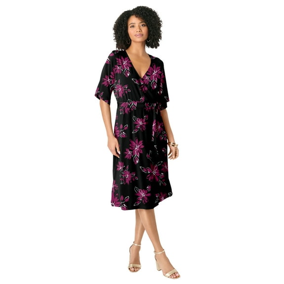 Roaman's Women's Plus Size Short Sleeve Wrap Fit And Flare Dress