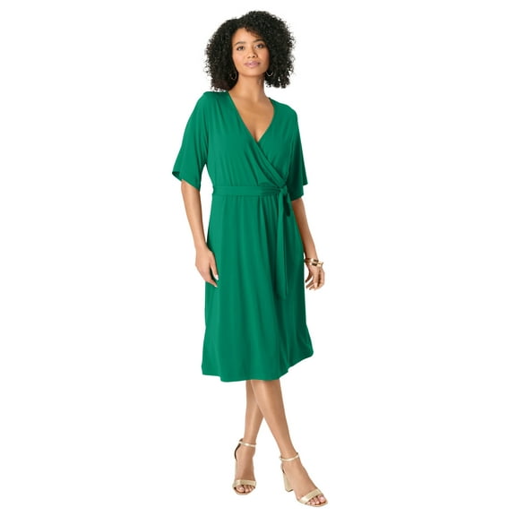 Roaman's Women's Plus Size Short Sleeve Wrap Fit And Flare Dress