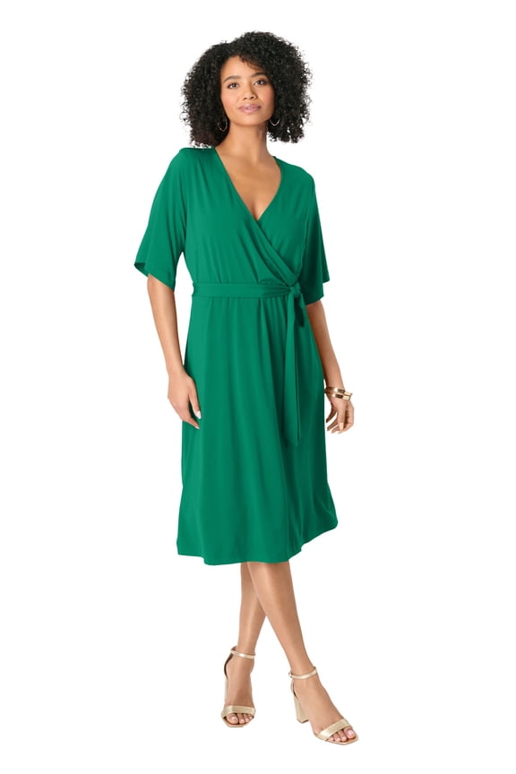 Women's Plus Size Short Sleeve Wrap Fit And Flare Dress