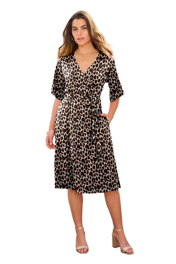 Women's Plus Size Short Sleeve Wrap Fit And Flare Dress