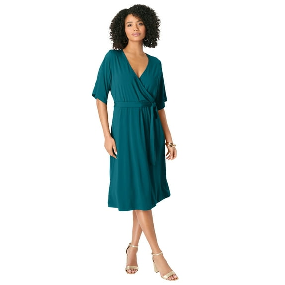 Roaman's Women's Plus Size Short Sleeve Wrap Fit And Flare Dress