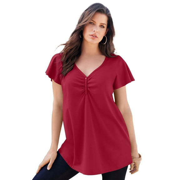 Roaman's Women's Plus Size Cotton Ultimate Flutter Sleeve Sweetheart Tee