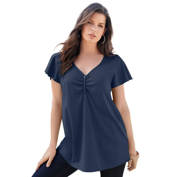 Roaman's Women's Plus Size Cotton Ultimate Flutter Sleeve Sweetheart Tee