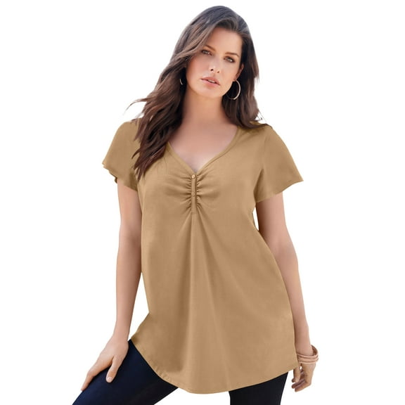 Roaman's Women's Plus Size Cotton Ultimate Flutter Sleeve Sweetheart Tee