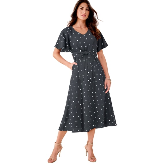 Roaman's Women's Plus Size Flutter Sleeve V-Neck Fit And Flare Bi-Stretch Maxi Dress