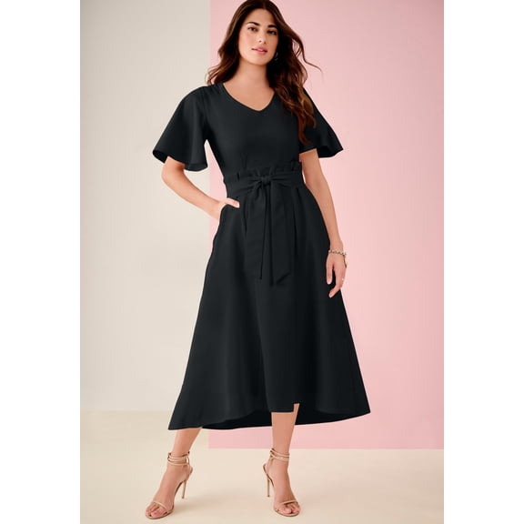 Roaman's Women's Plus Size Flutter Sleeve V-Neck Fit And Flare Bi-Stretch Maxi Dress