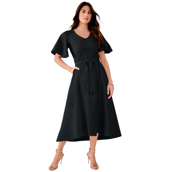 Roaman's Women's Plus Size Flutter Sleeve V-Neck Fit And Flare Bi-Stretch Maxi Dress