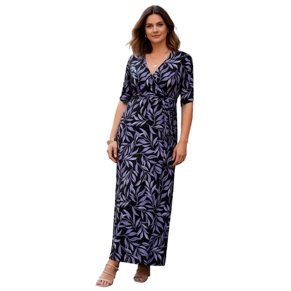 Roaman's Women's Plus Size Flutter Sleeve Wrap Maxi Dress