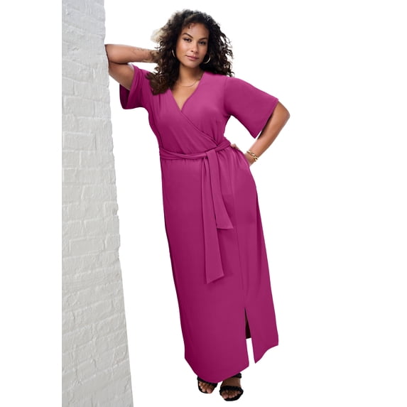 Roaman's Women's Plus Size Flutter Sleeve Wrap Maxi Dress