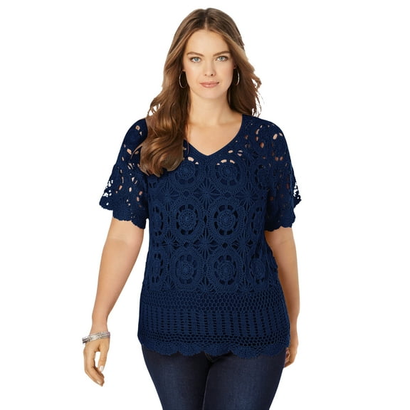 Roaman's Women's Plus Size Medallion Pattern French Crochet Sweater Top