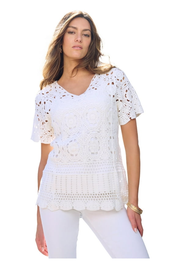 Women's Plus Size Medallion Pattern French Crochet Sweater Top