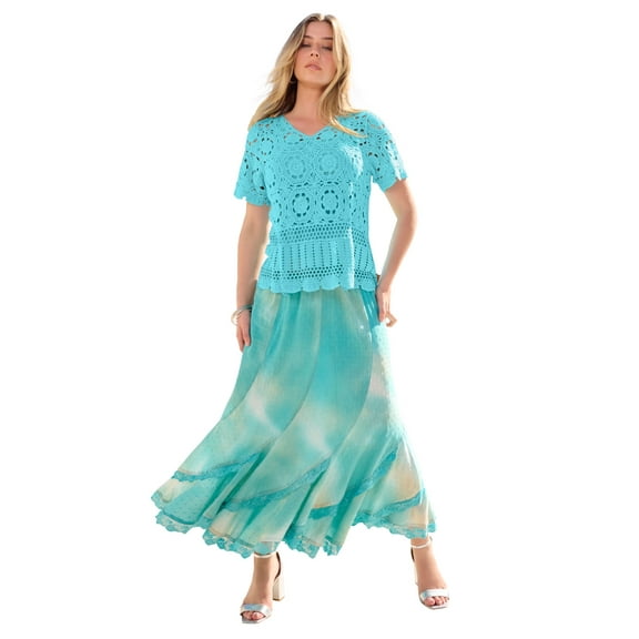 Roaman's Women's Plus Size Medallion Pattern French Crochet Sweater Top