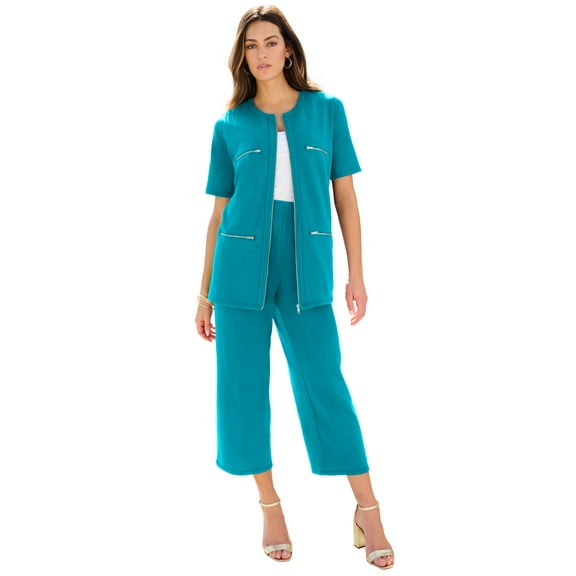 Roaman's Women's Plus Size French Terry Cropped Pant Set