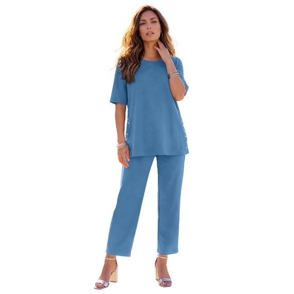 Roaman's Women's Plus Size French Terry Wide-Leg Cropped Pant Set