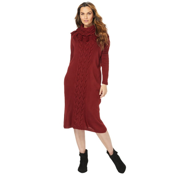 Roaman's Women's Plus Size Fringed Cowl-Neck Sweater Dress Dress ...