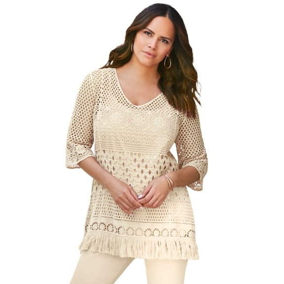 Roaman's Women's Plus Size Fringed Crochet Sweater