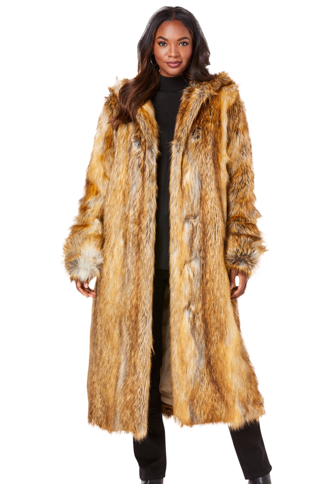 Roaman's Women's Plus Size Full Length Faux-Fur Coat With Hood Coat 