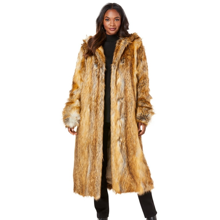 Roaman's Women's Plus Size Full Length Faux-Fur Coat With Hood Coat 