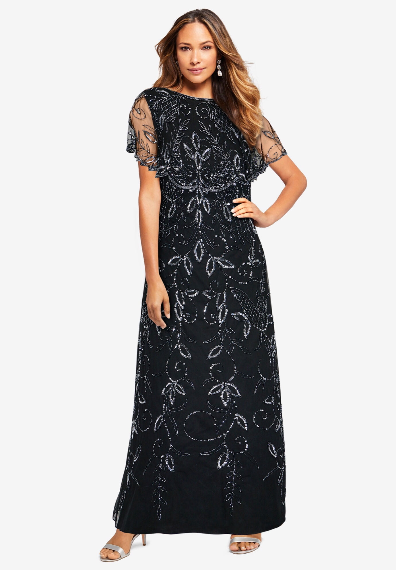 Roaman's Women's Plus Size Glam Maxi Dress Beaded Formal Evening