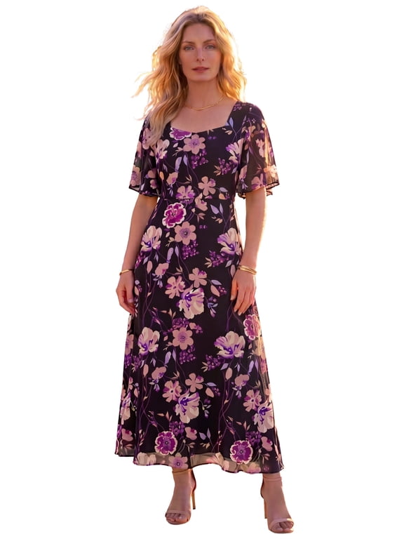 Women's Plus Size Hand-Crinkled Flutter-Sleeve Maxi Dress