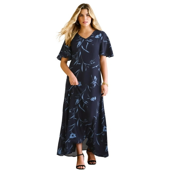 Roaman's Women's Plus Size Hand Crinkled Flutter-Sleeve Maxi Dress