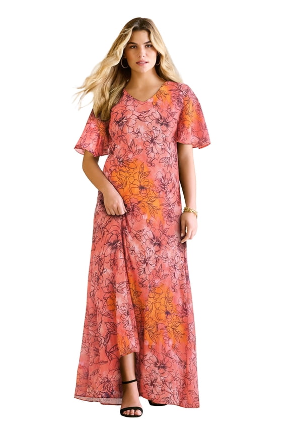 Women's Plus Size Petite Plus Size Hand Crinkled Flutter-Sleeve Maxi Dress