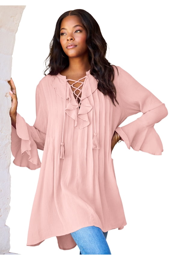 Women's Plus Size Hand Crinkled Ruffle Pintuck Tunic