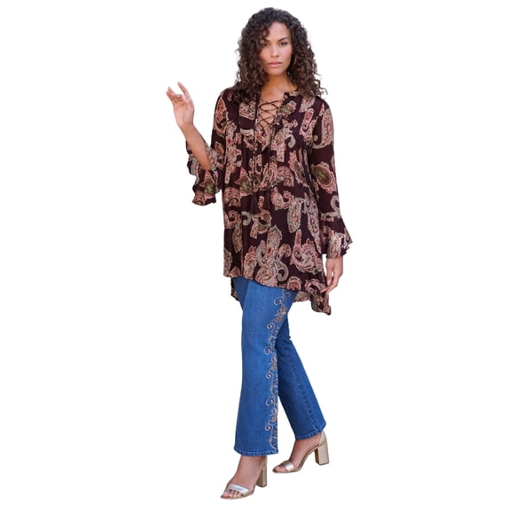 Roaman's Women's Plus Size Hand Crinkled Ruffle Pintuck Tunic