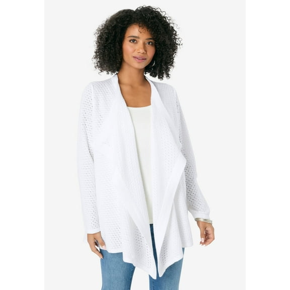 Roaman's Women's Plus Size Handkerchief Hem Pointelle Cardigan Sweater