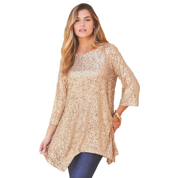 Roaman's Women's Plus Size Handkerchief Hem Sequin Tunic