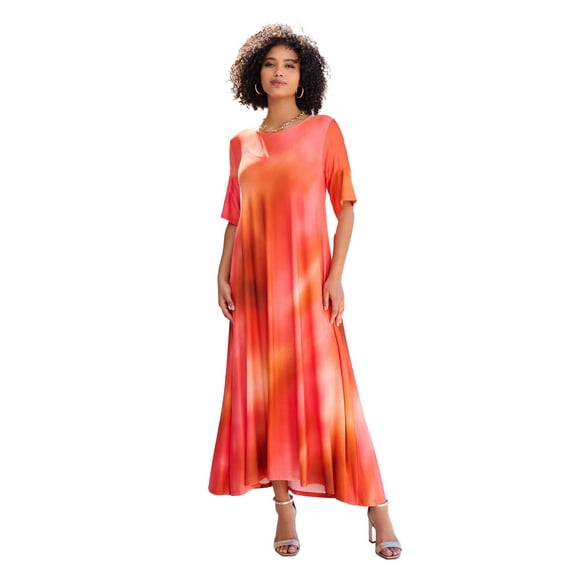 Roaman's Women's Plus Size Stretch Knit High Low Short Sleeve Maxi Dress
