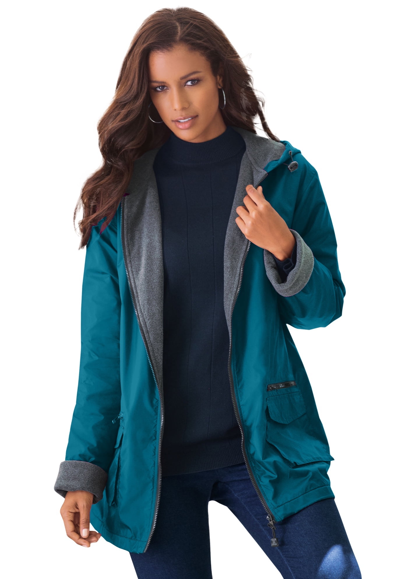 Roaman's Women's Plus Size Hooded All-Weather Jacket  Fleece Lining  Rain Coat - 2X, Deep Teal 