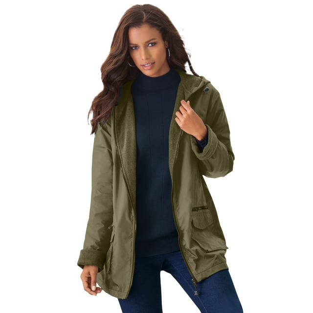 Roaman's Women's Plus Size Hooded All-Weather Jacket Fleece Lining Rain ...
