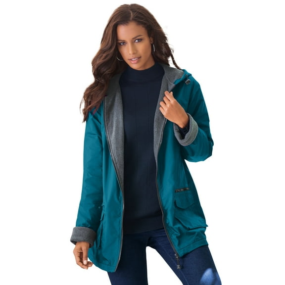 Roaman's Women's Plus Size Hooded All-Weather Jacket Fleece Lining Rain Coat
